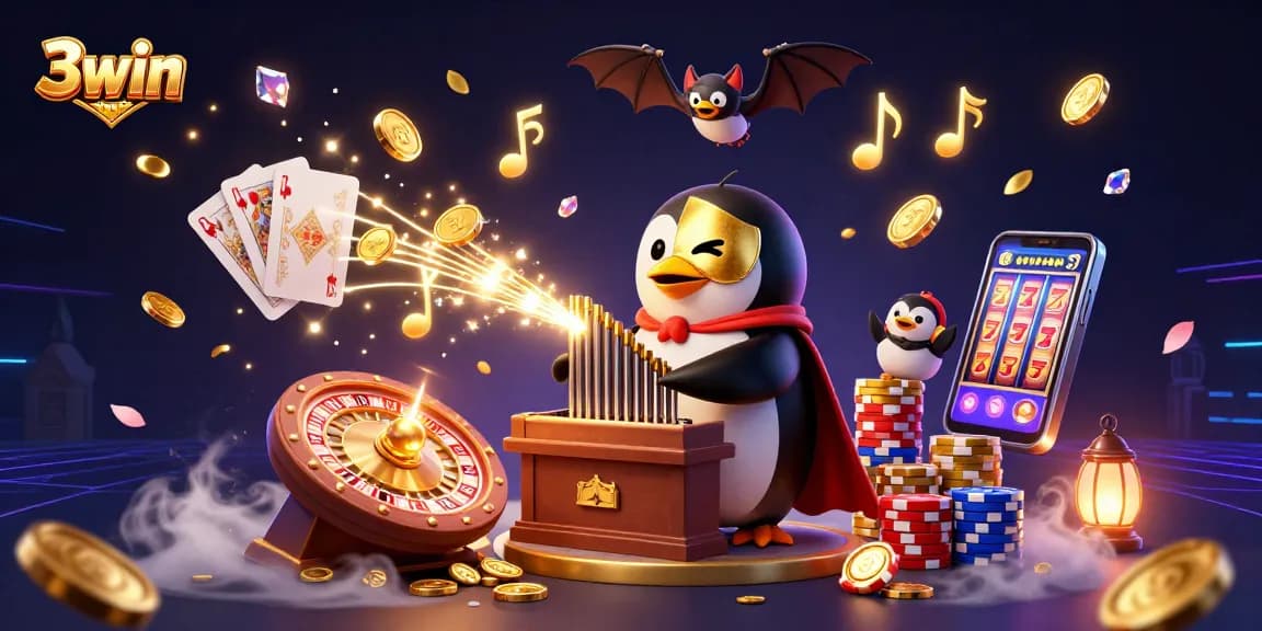 3win's captivating scene showcasing a penguin playing an organ that releases coins and gems in vibrant 3D casino illustration