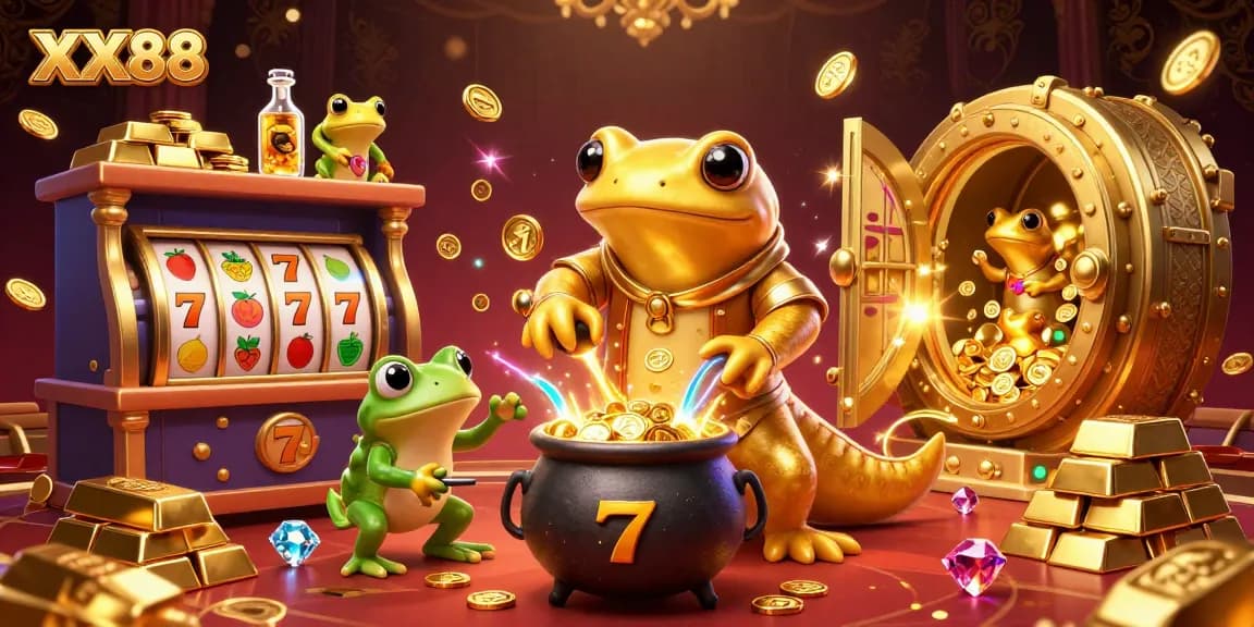 Experience thrilling XX88 casino action with vibrant gold dynamics and enchanting characters in this illustration.