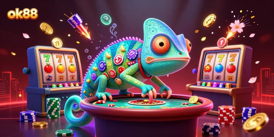 Experience thrilling wins with ok88 as vibrant chameleon casino owner captures golden coins.