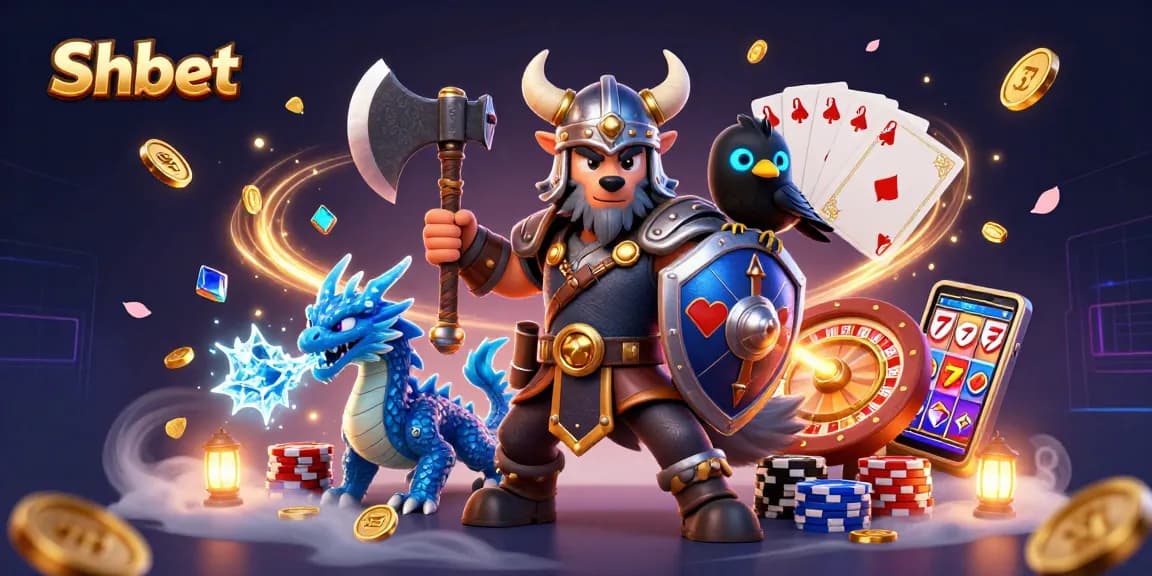 Engage with Shbet's vibrant gaming adventure featuring a Viking warrior, dragon, and money.