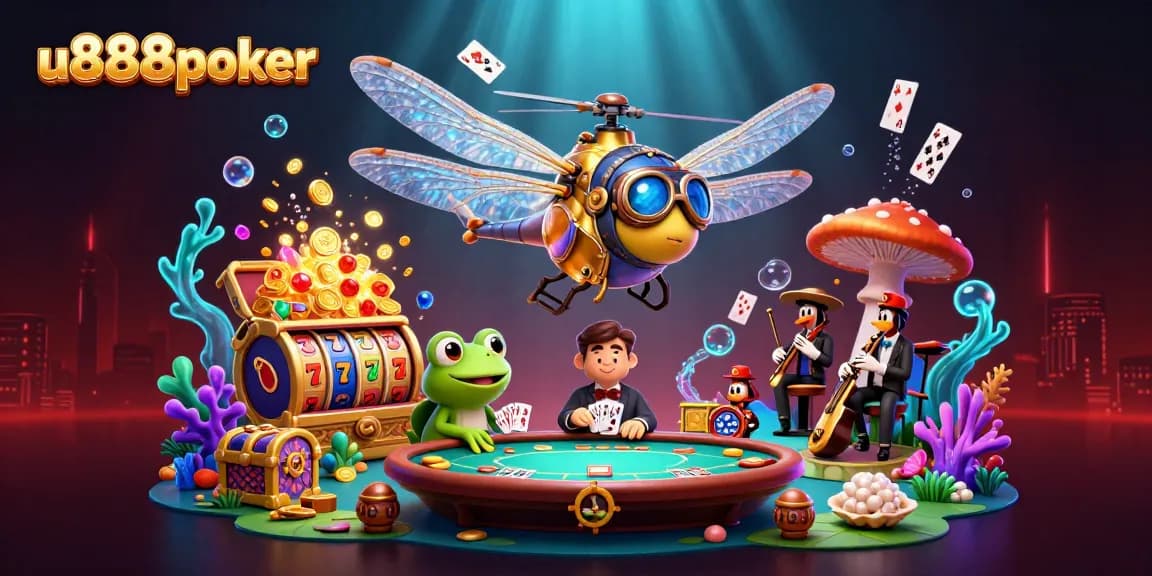 Engage with u888poker at a vibrant lily pad casino featuring a dragonfly pilot, frog dealer, and lively jazz performers.