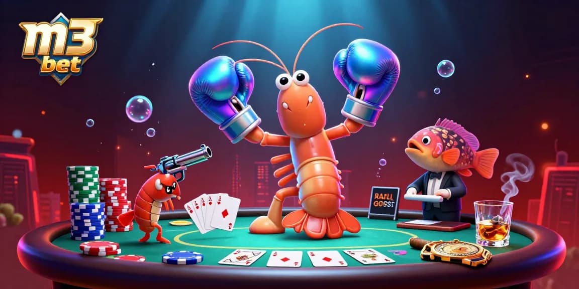 Join the excitement at m3 bet with vibrant casino action featuring a mantis shrimp, poker elements, and immersive 3D design.