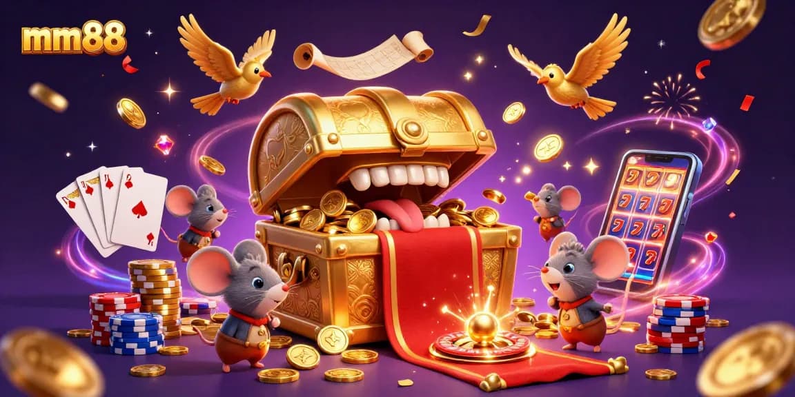 Engaging mm88 casino scene with rich colors, featuring a treasure chest and gaming elements.