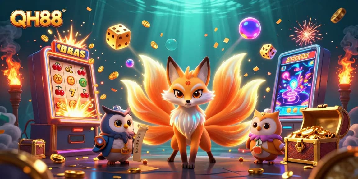 Experience the vibrant world of QH88 casino gaming with this dynamic illustration showcasing a nine-tailed fox amid bursting jackpots and colorful game elements.