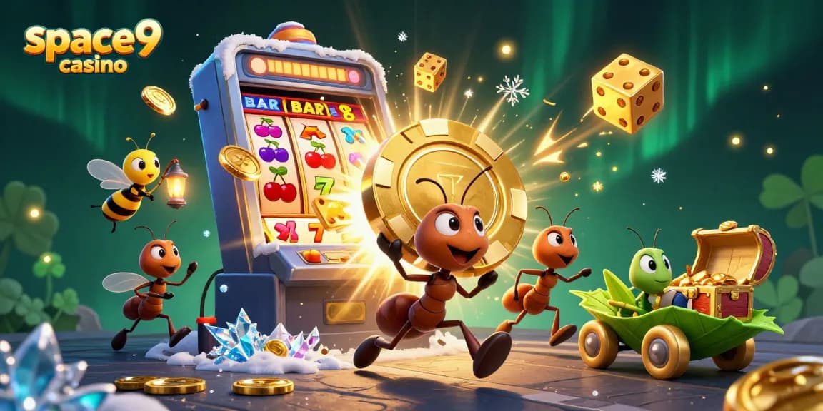 Engage with space9 casino through a dynamic illustration of ants taking a poker chip heist.