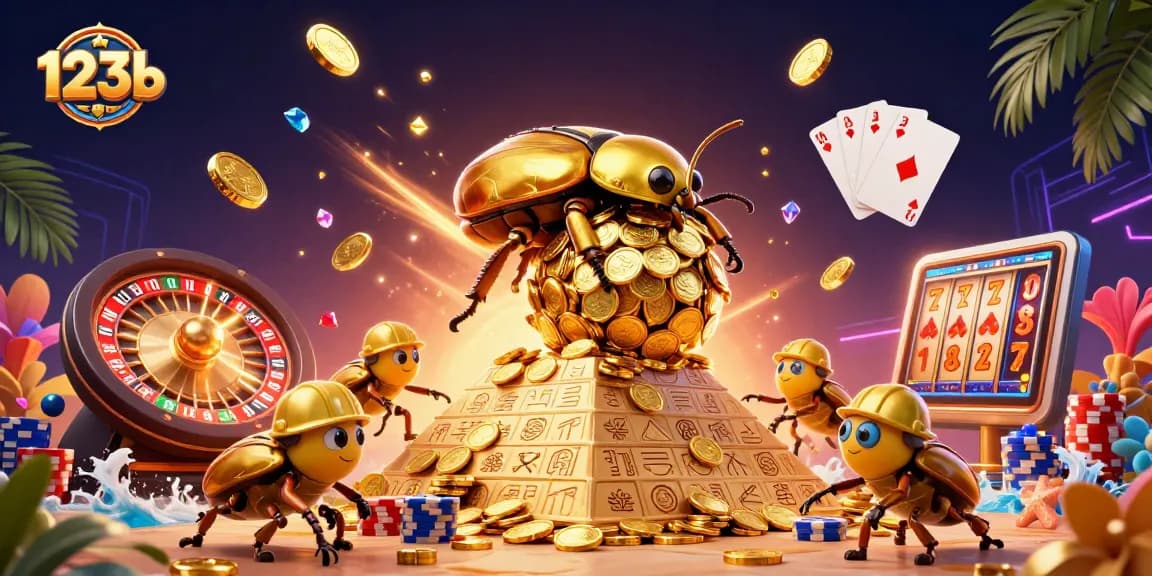Play exciting casino games at 123b with vibrant illustrations of beetles rolling coins and spinning roulette.