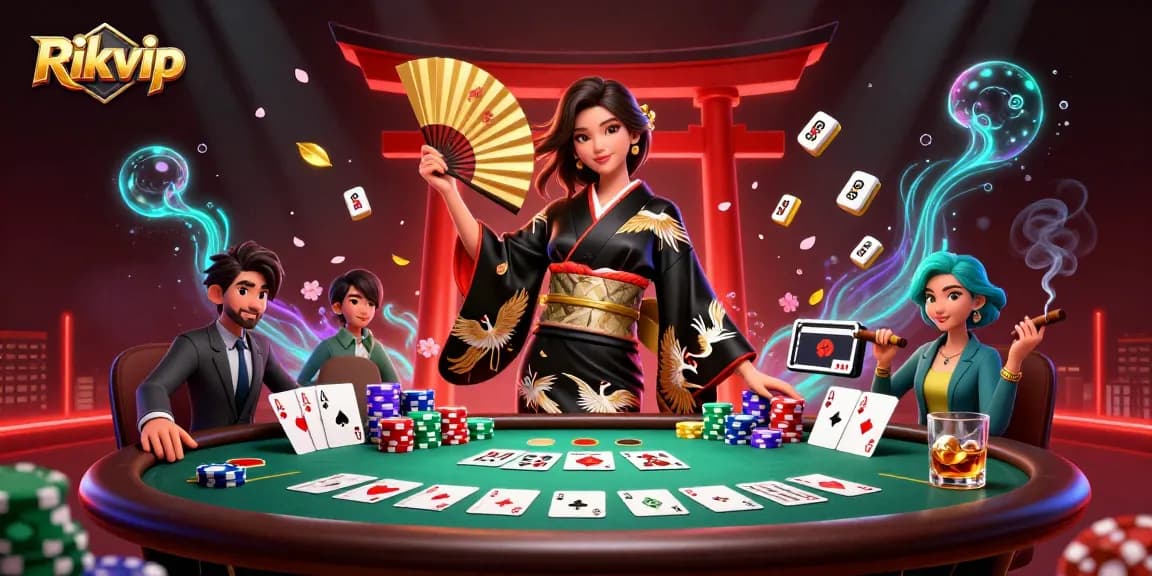 Engage with the thrilling world of Rikvip through a captivating casino scene featuring dynamic poker elements.