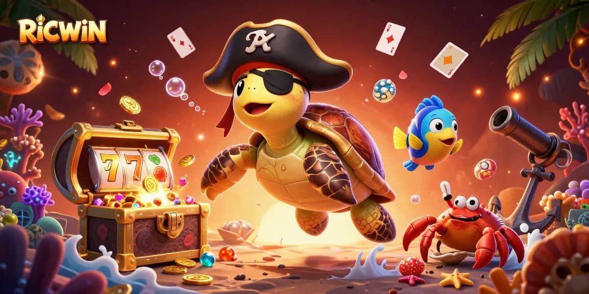 Engage with RICWIN's vibrant pirate-themed casino adventure filled with treasures, spinning reels, and colorful gems.