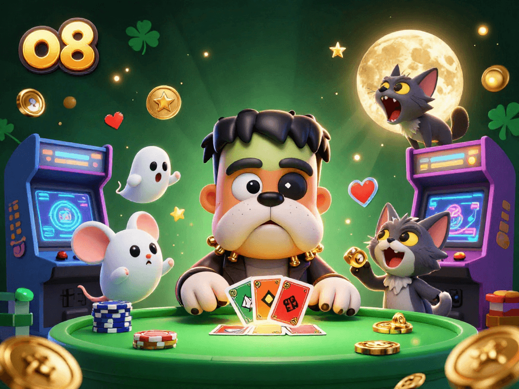 Engage with the thrilling experience of o8 gambling while a Frankenstein bulldog deals cards.