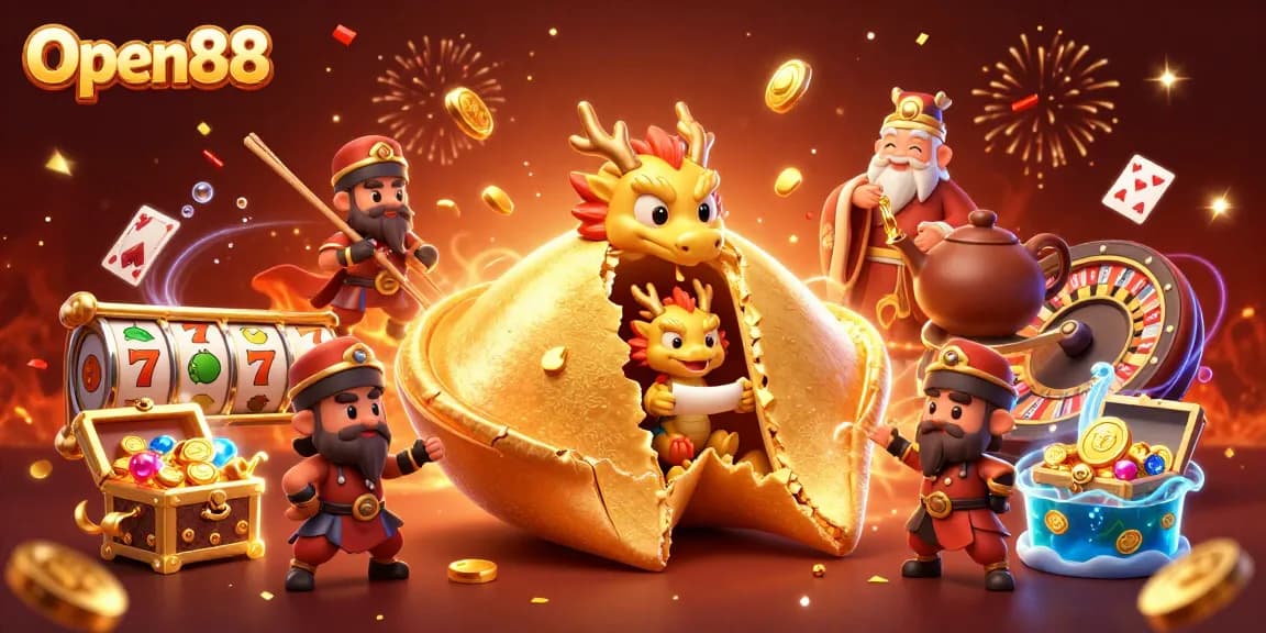 Experience the excitement of Open88 with dynamic Casino elements in a vibrant 3D scene.