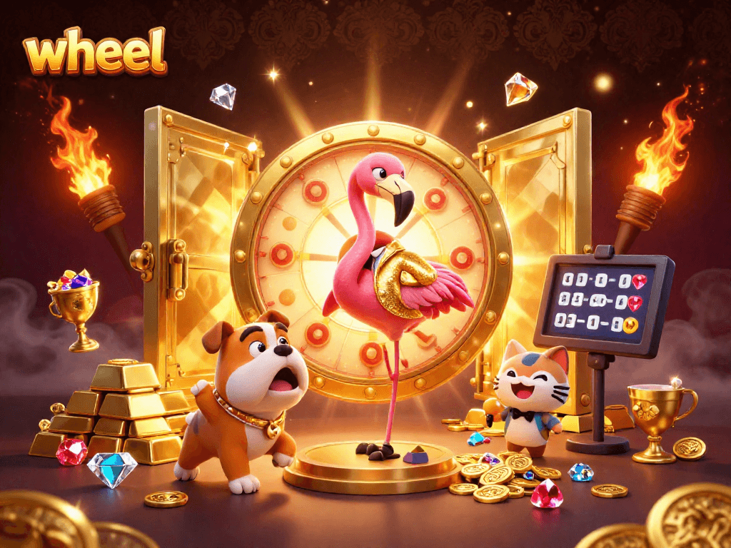 Spin the giant wheel for exciting prizes in this vibrant casino scene featuring rich gold elements.