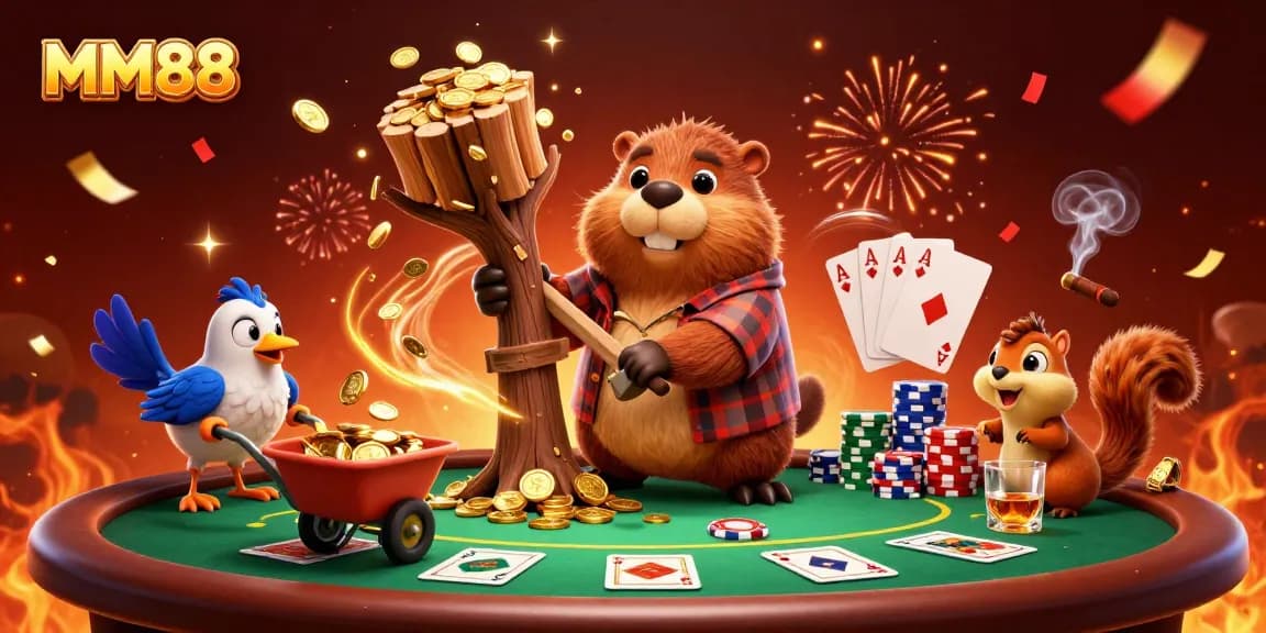 Engage in MM88's vibrant gaming world with festive characters celebrating wins among dynamic casino elements.