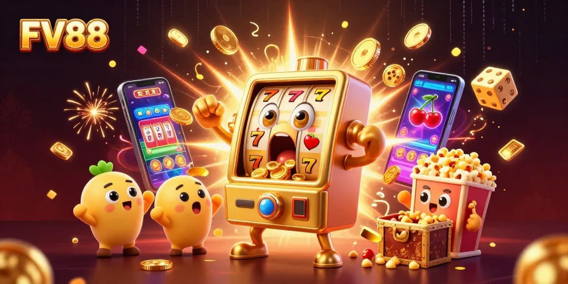 FV88 slot machine hits jackpot as coins pour out in a lively casino scene.