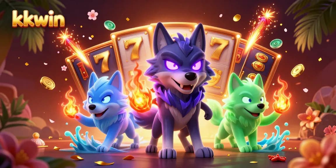 Experience winning thrills in kkwin as a glowing wolf leader guides players through a vibrant casino scene.