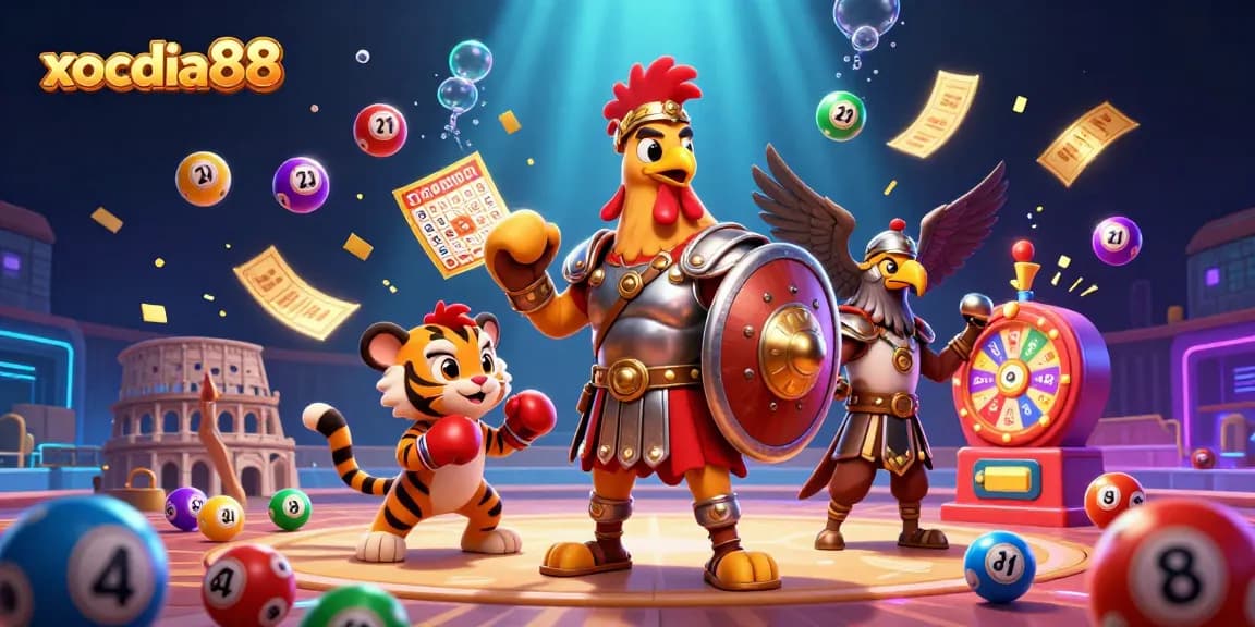 Xocdia88 delivers thrilling gaming dynamics with a lively 3D illustration featuring a gladiator rooster and vibrant game elements.