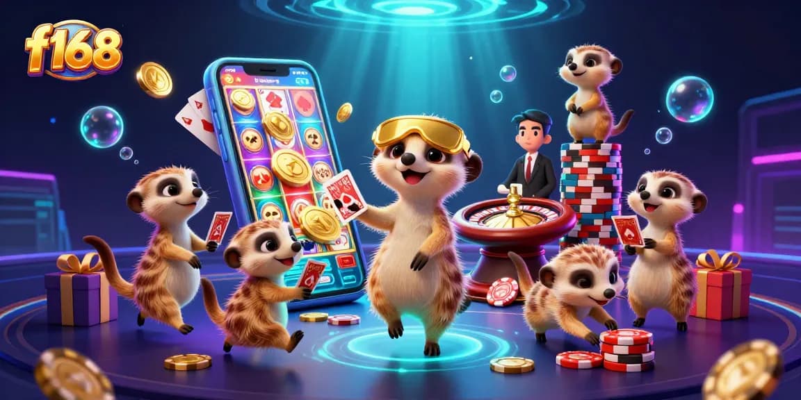 Engage with the lively f168 casino scene featuring meerkats in a dynamic slot operation, showcasing vibrant gaming elements.