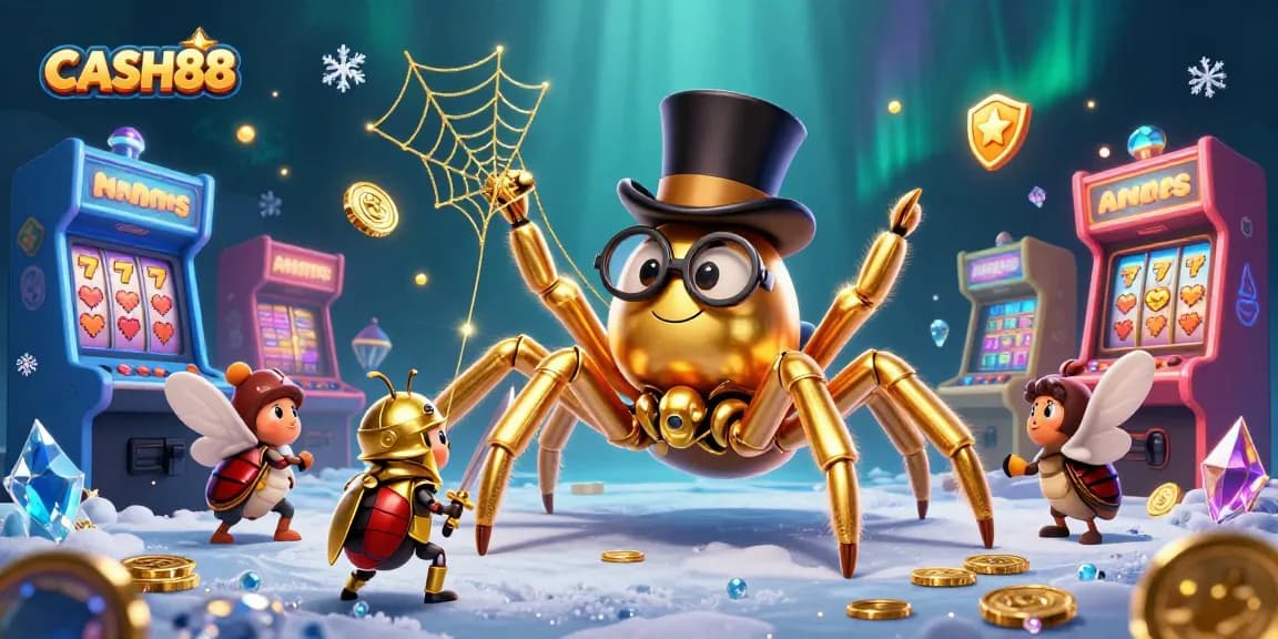CASH88 players engaging with a magical casino scene featuring a golden tarantula and a beetle knight.