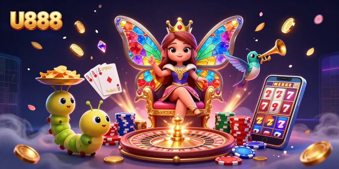Engage with U888's vibrant casino experience featuring a butterfly queen and dynamic gaming elements.