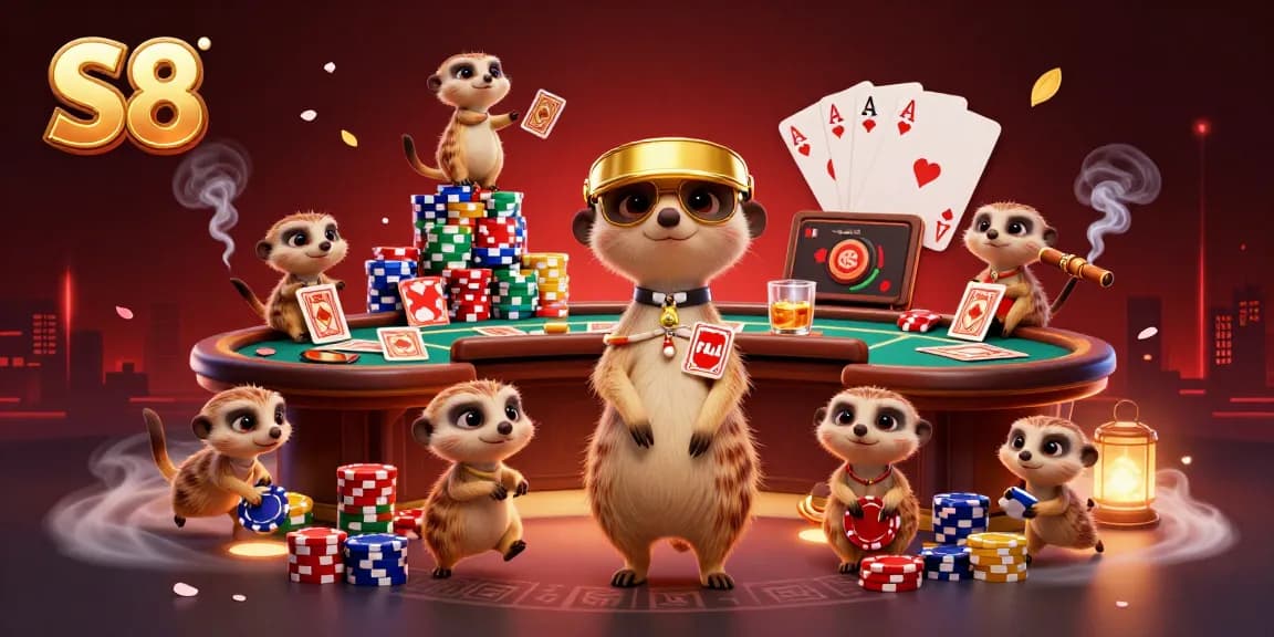 S8 meerkats hosting a vibrant casino scene with rich poker elements and dynamic details.