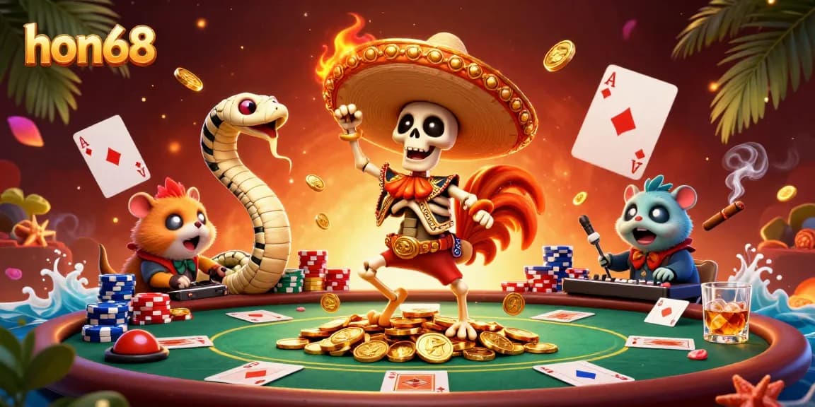 Join the fun at hon68 with a vibrant casino scene featuring characters celebrating big wins.