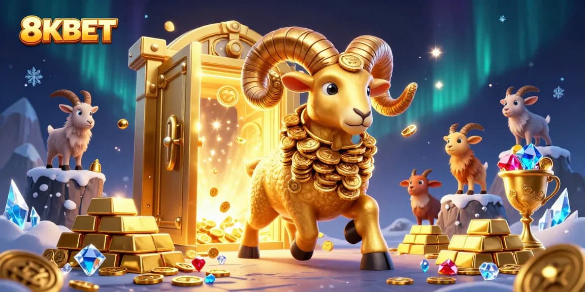 Experience high-stakes action at 8KBET with golden treasures and gleaming gems in this vibrant casino illustration.