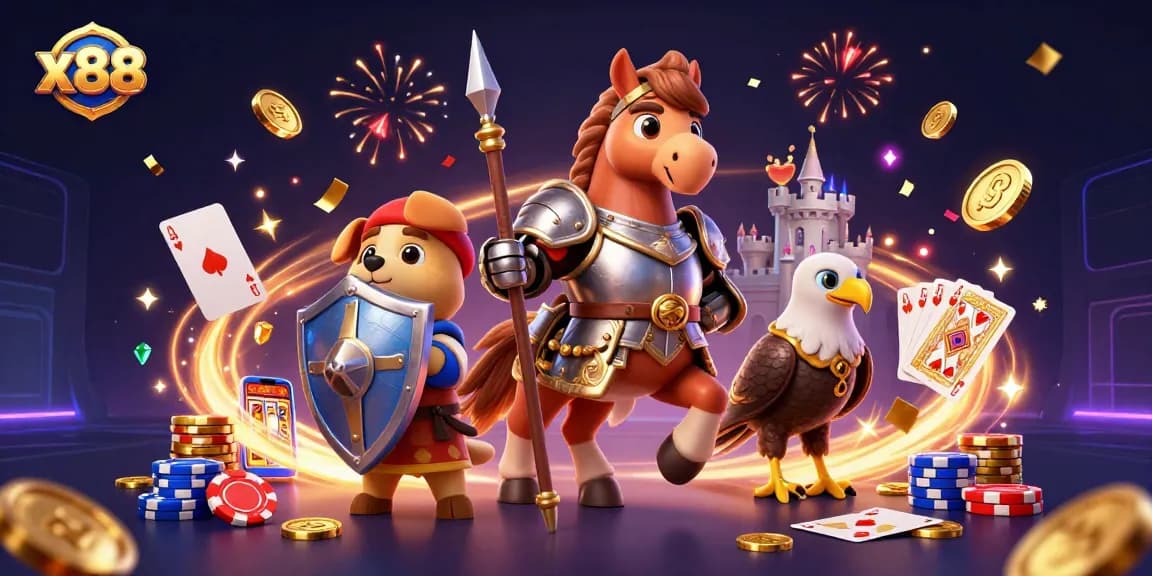Engage with x88's vibrant casino action featuring cascading coins and card games in a festive atmosphere.
