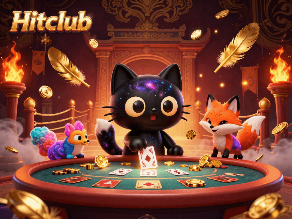 Engage with Hitclub's stellar cosmic casino scene featuring a black hole cat and vibrant nebula fox!