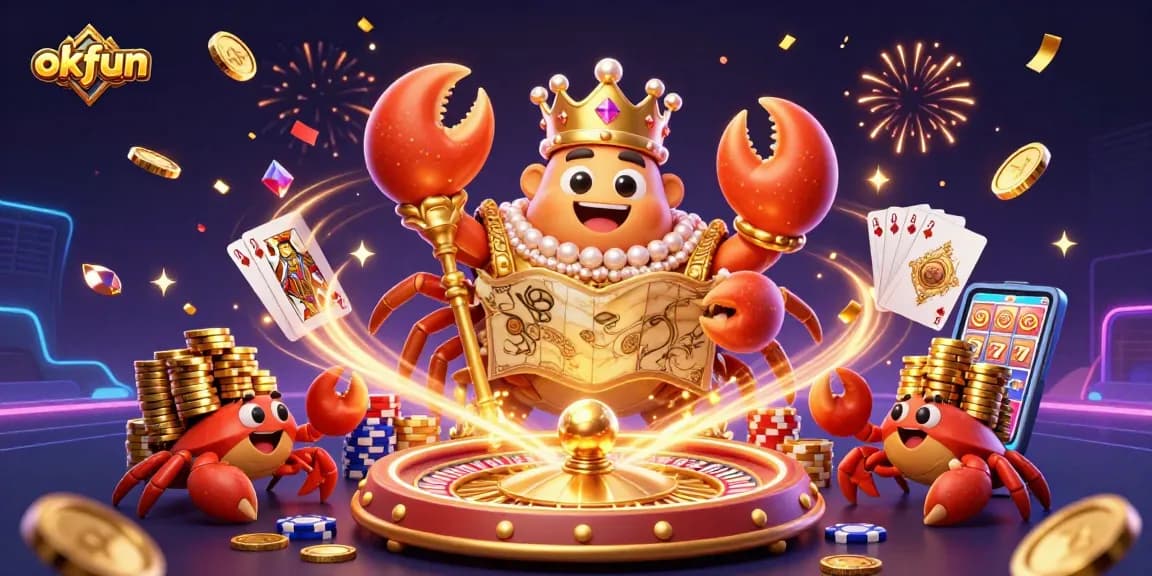Explore winning opportunities at okfun with the vibrant 3D casino illustration showcasing a golden crab emperor.