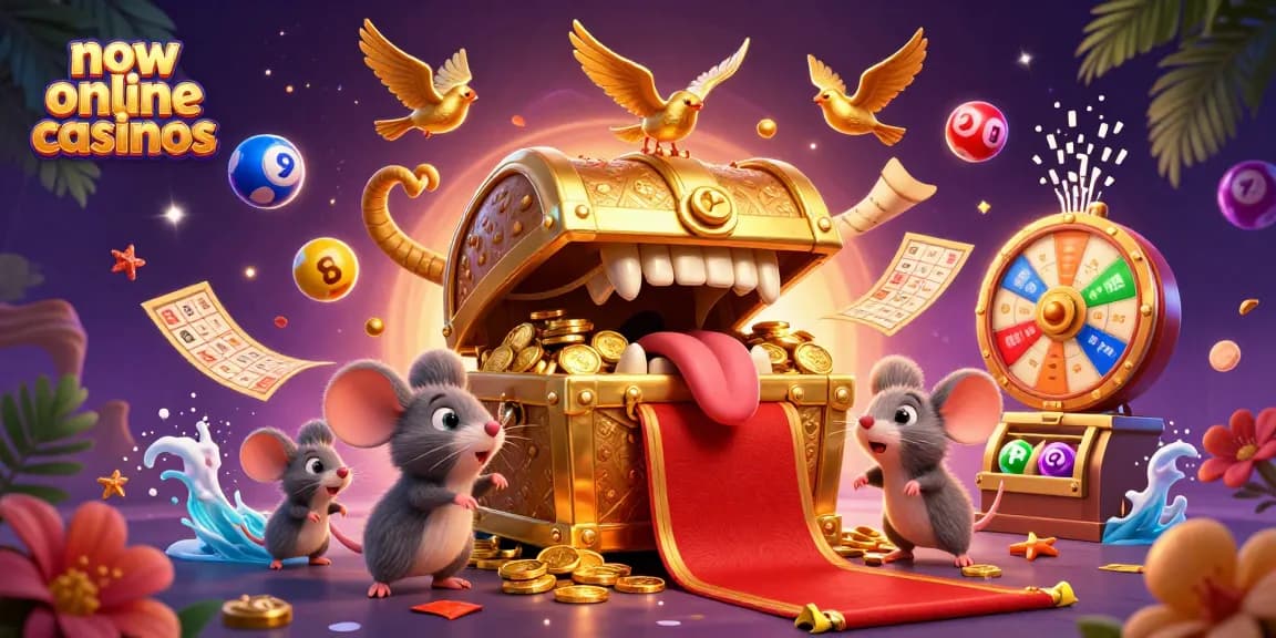Discover new online casinos with exciting games and bonuses illustrated in a vibrant, dynamic scene.
