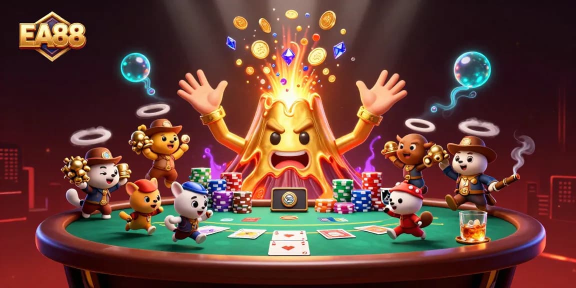 Experience EA88's vibrant casino action with exploding treasure from a golden volcano and spirited explorer animals.