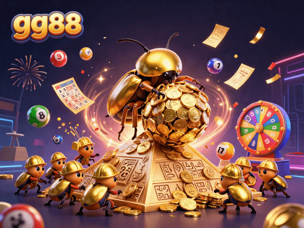 Engage with gg88 as colorful lottery elements and a golden beetle create excitement.
