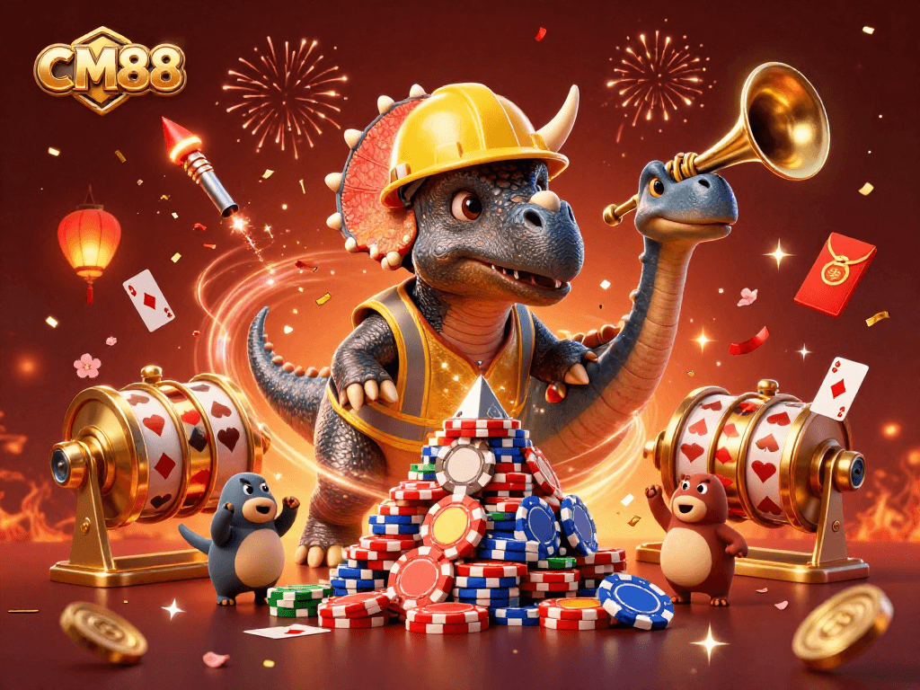 Engage in thrilling gameplay at CM88, featuring a lively 3D scene with casino elements and vibrant characters.