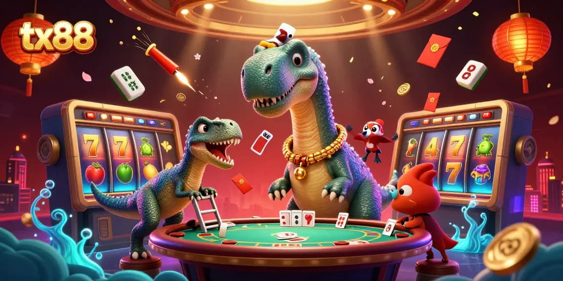Engage in thrilling gameplay at tx88 with an imaginative casino scene featuring vibrant slot elements and dynamic characters.