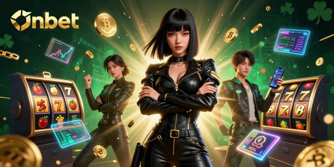 Experience thrilling gaming with Onbet's vibrant slot machines and jackpot excitement in a dynamic casino backdrop.