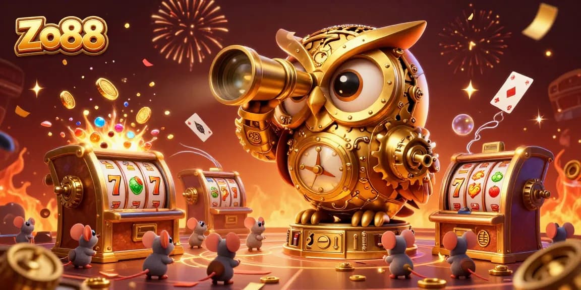 Experience Zo88's thrilling casino adventure with a golden owl surrounded by festive gaming elements.