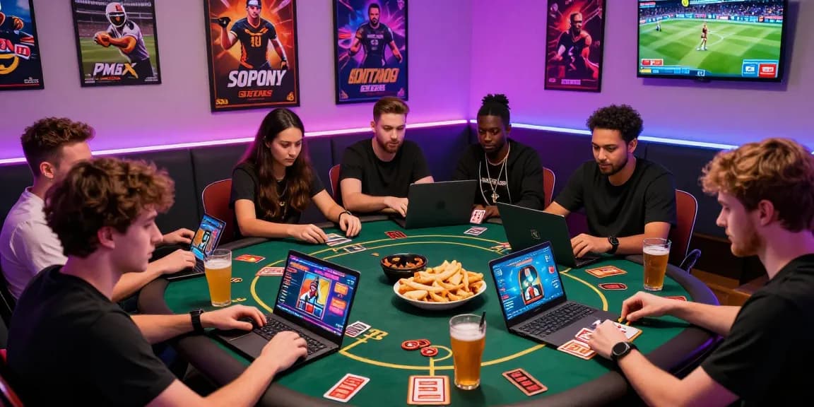 Sunwin online gaming friends enjoying card games in a vibrant lounge space.