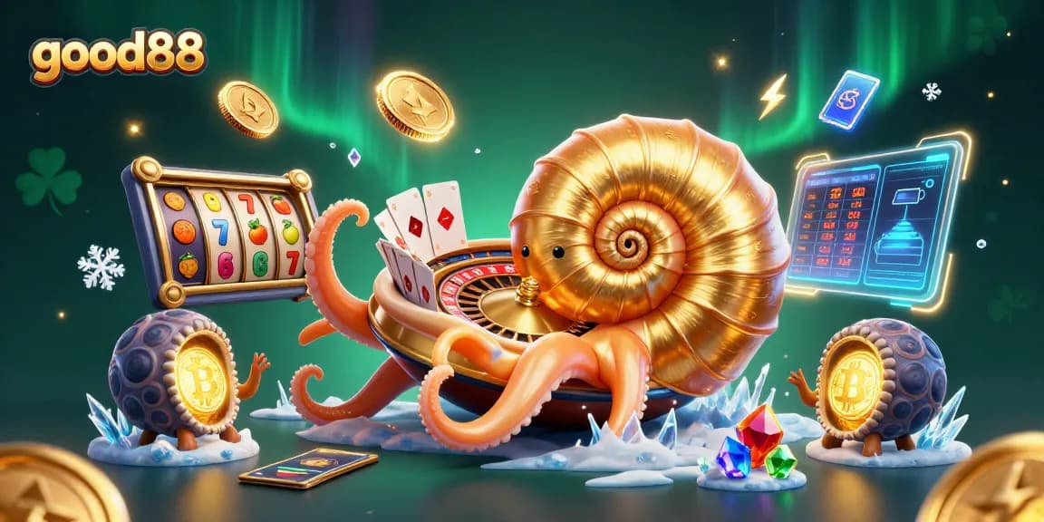Spin the reels with good88, a vibrant 3D casino scene showcasing gaming excitement and colorful elements.