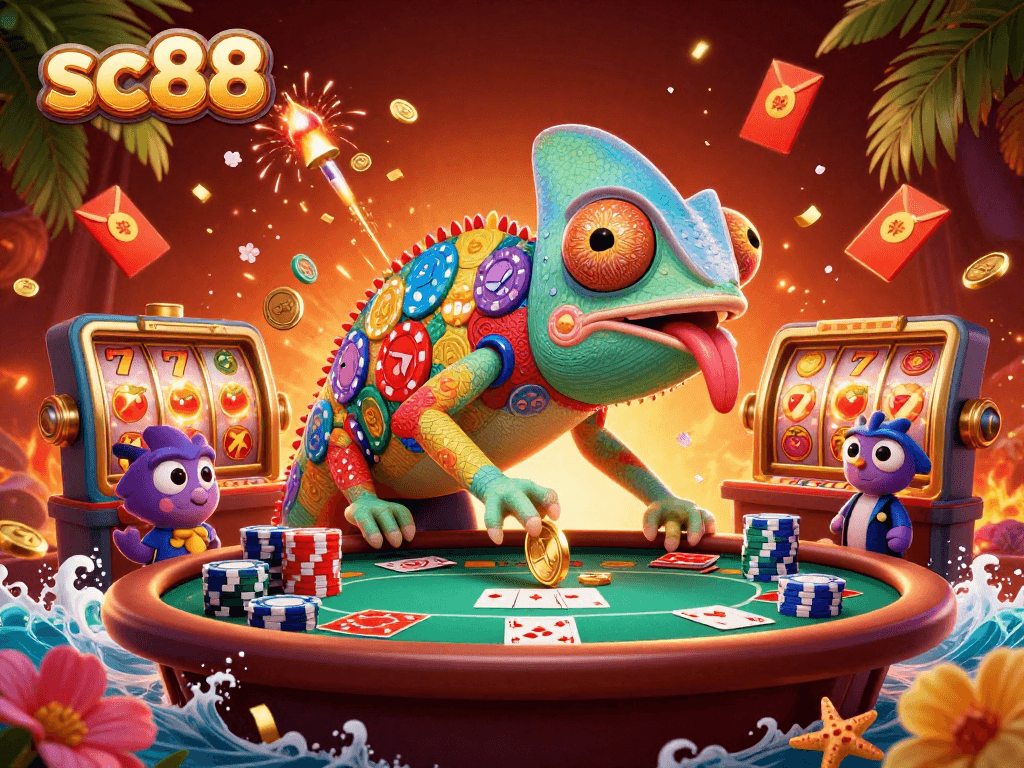 sc88 chameleon casino owner engaging with vibrant slot reels and poker elements in a dynamic scene