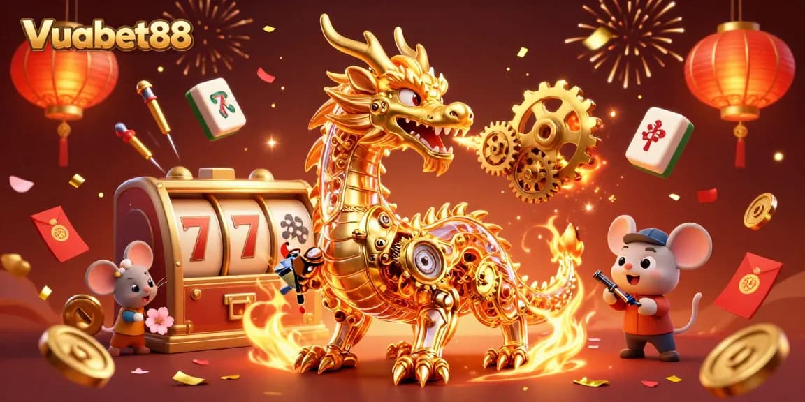 Experience thrilling gameplay with Vuabet88's vibrant 3D dragon, slot reels, and festive elements.
