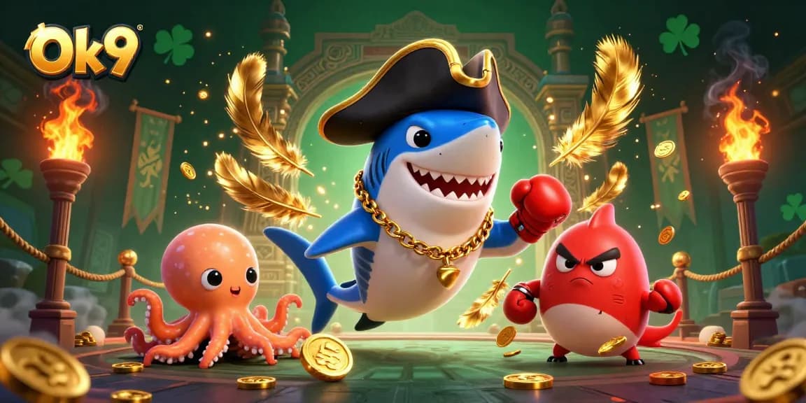 Experience thrilling online gaming action at Ok9, featuring vibrant casino elements and exciting characters.
