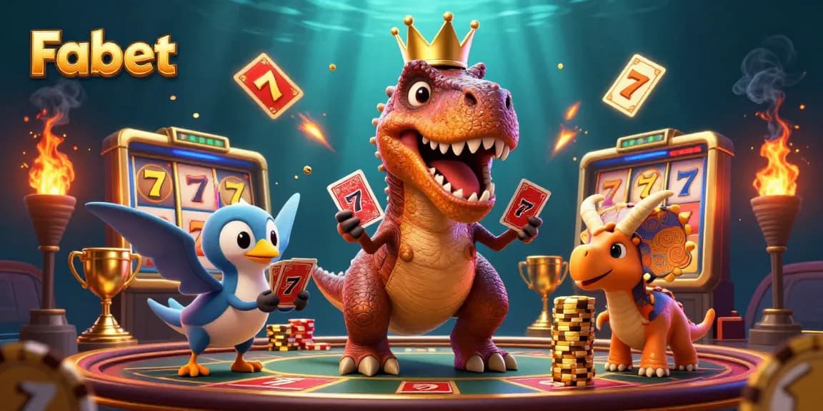 Fabet immersive gambling scene with a T-Rex shuffling cards, pterodactyl holding cards, and a triceratops stacking chips.