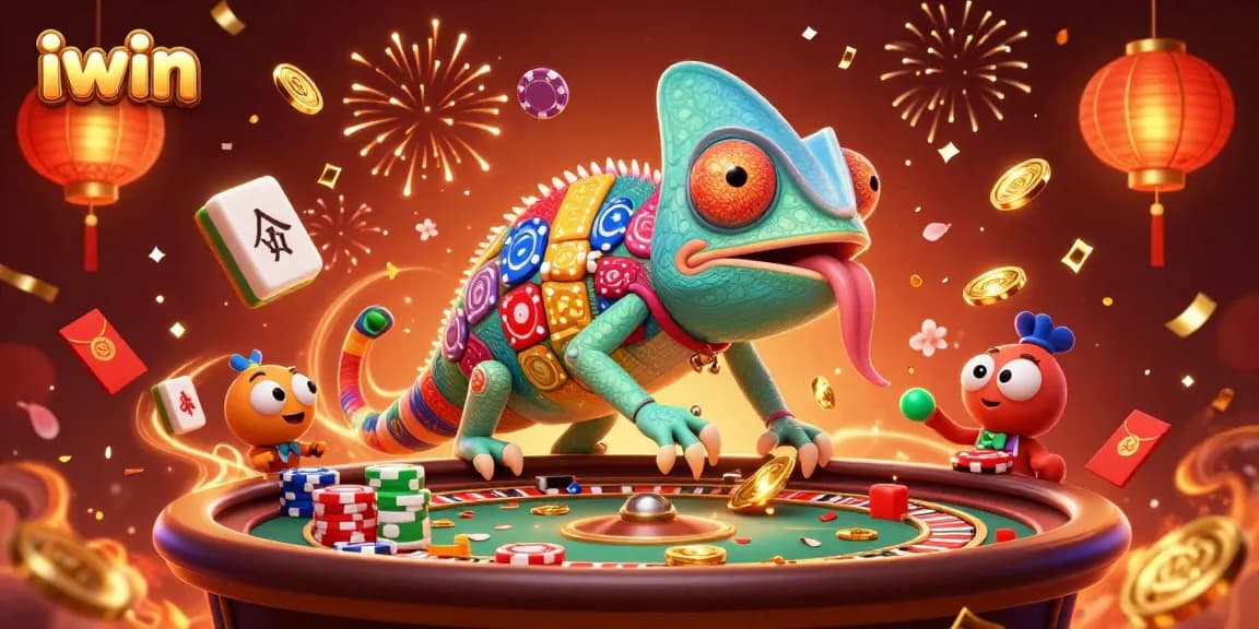 Experience the thrilling iwin atmosphere with a chameleon casino owner amid vibrant gaming elements.