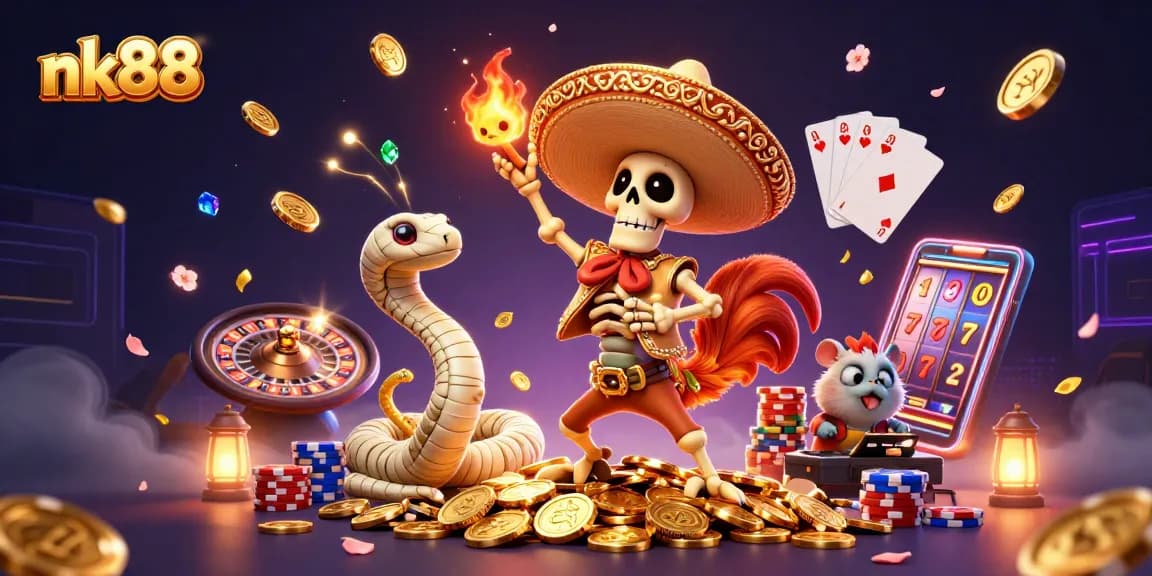 nk88 adventure in a vibrant casino scene with characters celebrating on golden coins