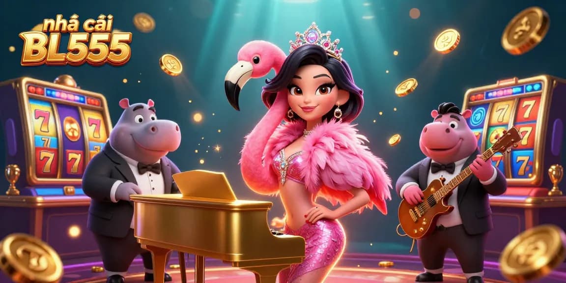 Experience the exciting world of nhà cái BL555 with vibrant slot machines and lively characters.