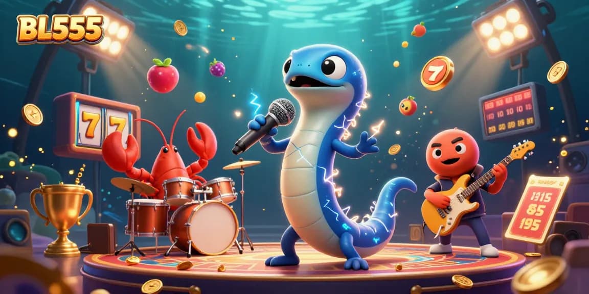 Experience thrilling casino fun with BL555's vibrant underwater illustration featuring unique characters and gaming elements.