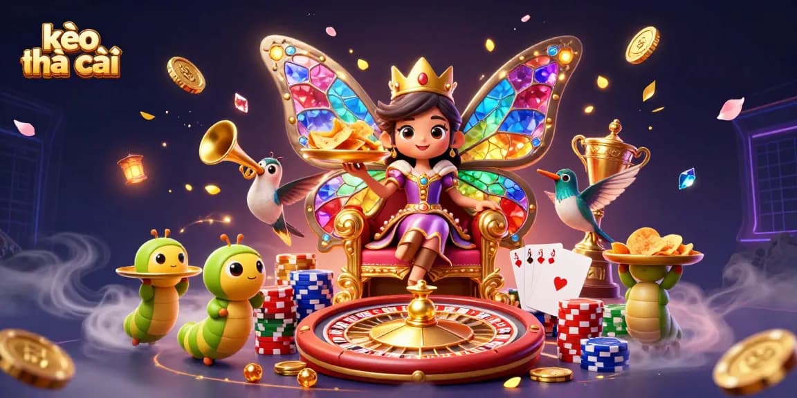 Engaging kèo nhà cái illustration featuring a butterfly queen in a vibrant sports betting scene.