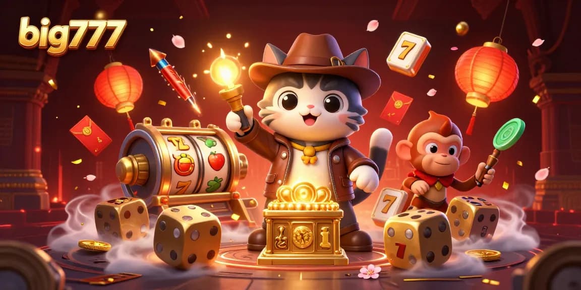 Experience big777 excitement with spinning slot reels and a treasure-hunting cat in a vibrant casino scene.
