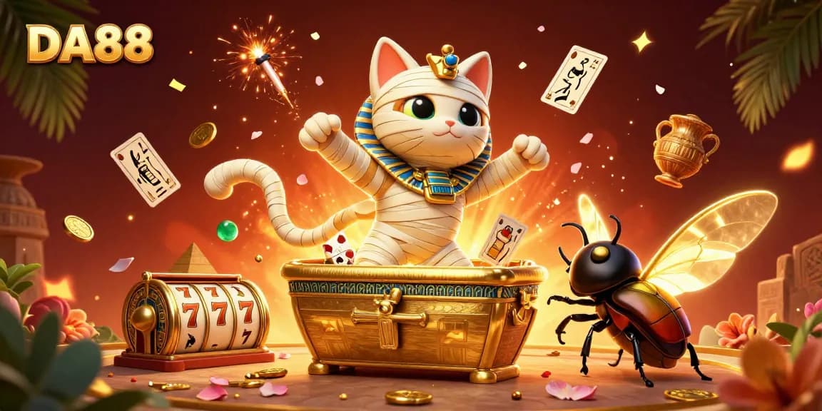 Experience the thrilling gameplay of DA88 slots with an Egyptian-themed illustration bursting with vibrant casino elements.