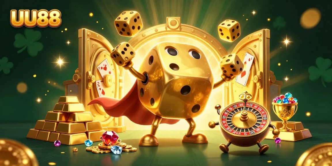 Experience the vibrant world of UU88 with a dynamic casino-themed 3D illustration featuring lively gambling characters.
