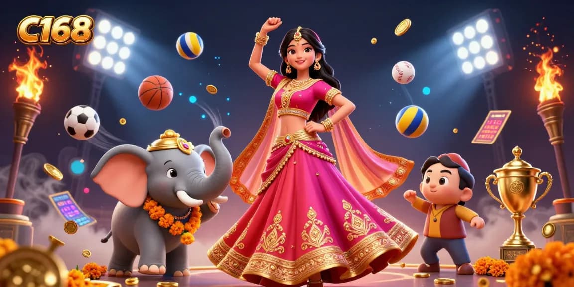 C168 casino gaming scene with vibrant characters, sports elements, and dynamic action for an engaging experience.